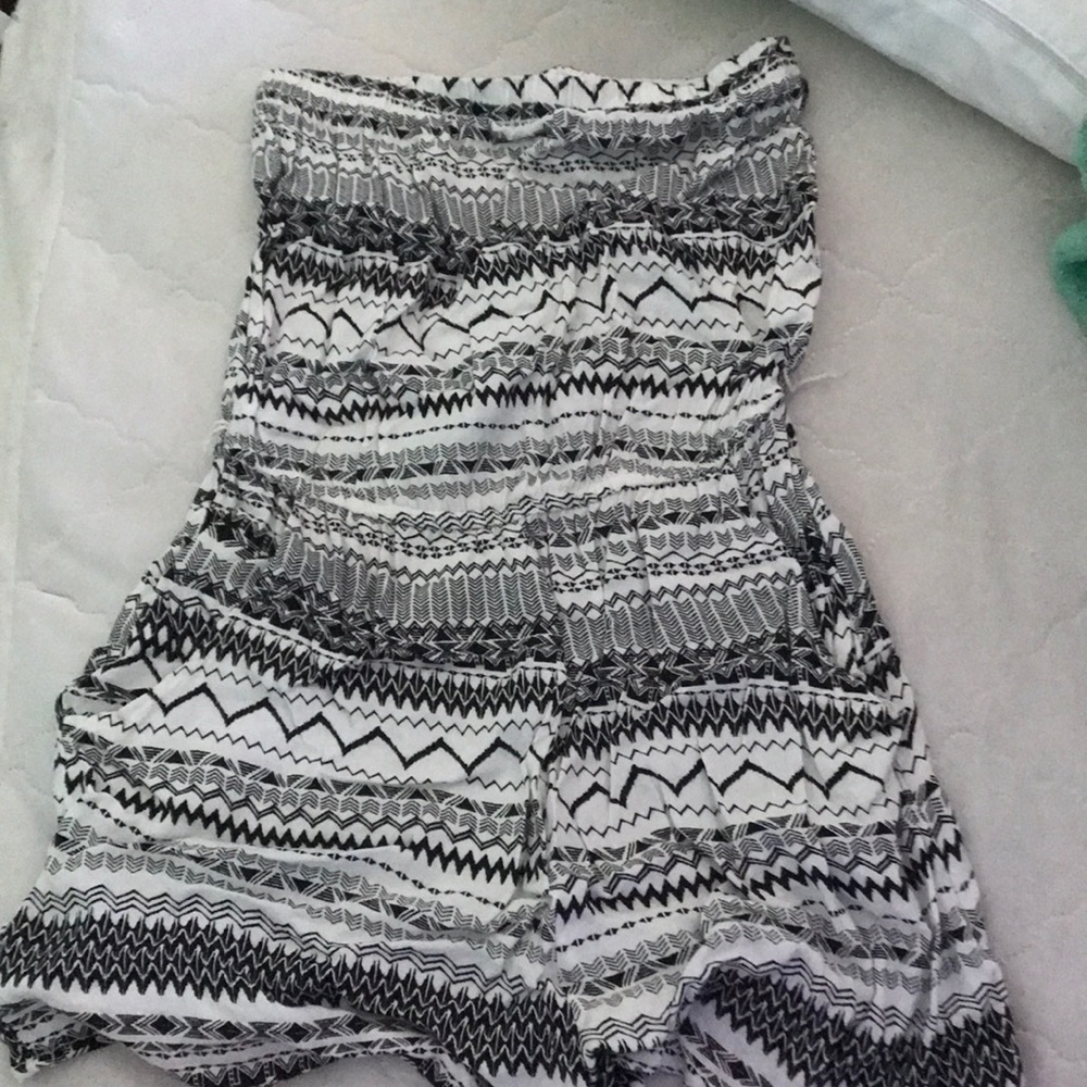 black and white patterned strapless romper